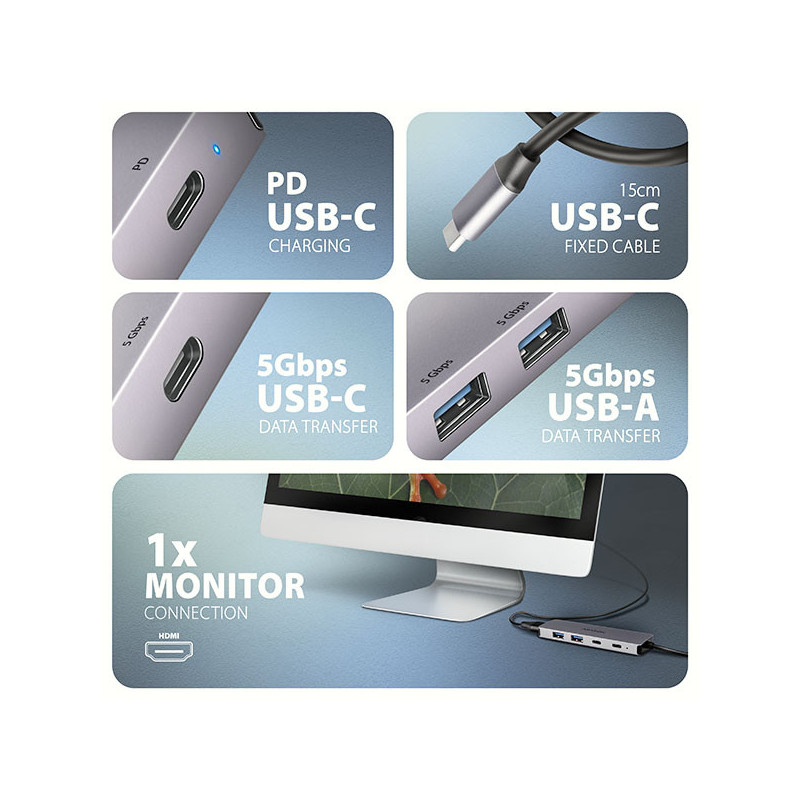 AXAGON HMC-5H60, USB 5Gbps hub, porty 2x USB-A, 1x USB-C, HDMI 4k/60, PD 100W, kábel USB-C 15cm