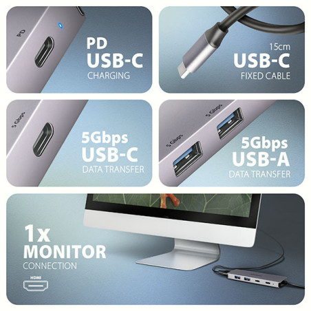 AXAGON HMC-5H60, USB 5Gbps hub, porty 2x USB-A, 1x USB-C, HDMI 4k/60, PD 100W, kábel USB-C 15cm