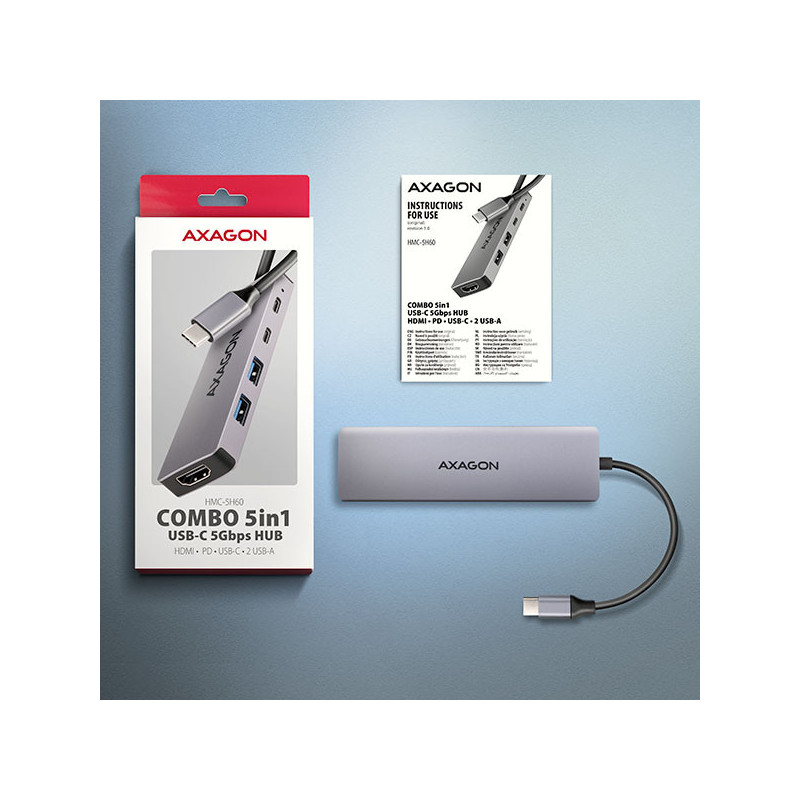AXAGON HMC-5H60, USB 5Gbps hub, porty 2x USB-A, 1x USB-C, HDMI 4k/60, PD 100W, kábel USB-C 15cm