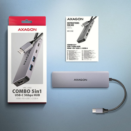 AXAGON HMC-5H60, USB 5Gbps hub, porty 2x USB-A, 1x USB-C, HDMI 4k/60, PD 100W, kábel USB-C 15cm