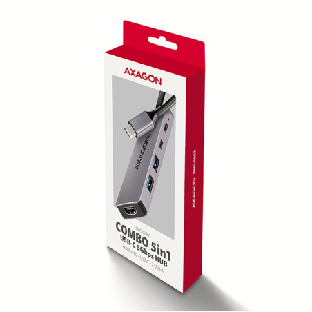 AXAGON HMC-5H60, USB 5Gbps hub, porty 2x USB-A, 1x USB-C, HDMI 4k/60, PD 100W, kábel USB-C 15cm