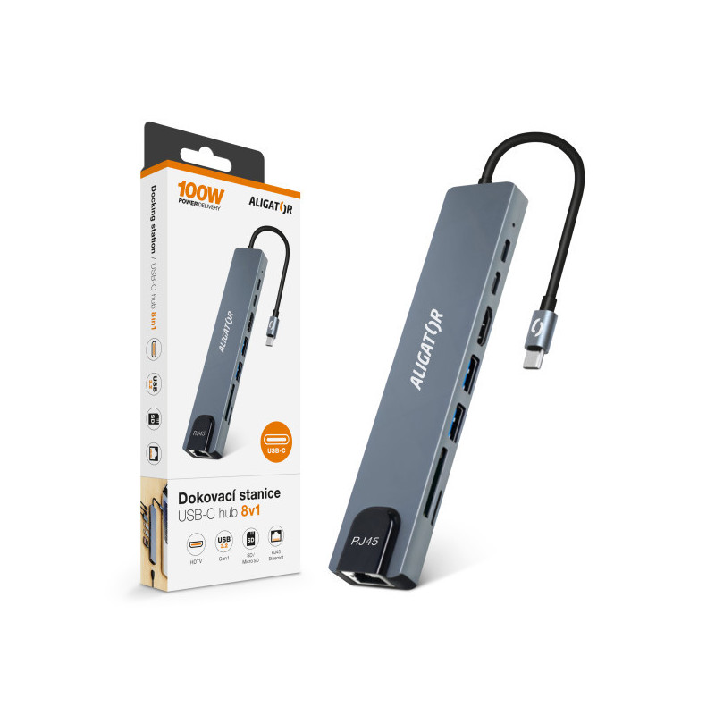 Aligator Dokovacia stanica USB-C/Hub 8v1 (USB-C/2xUSB/SD/MicroSD/HDTV/RJ45)