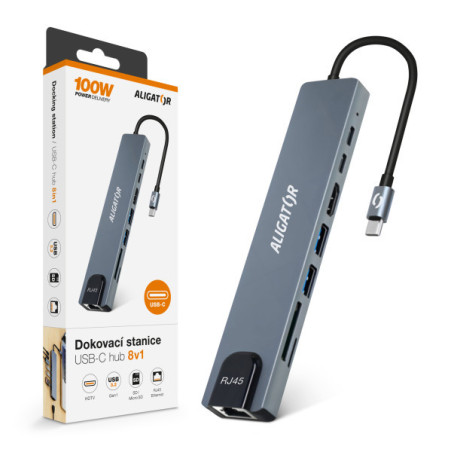 Aligator Dokovacia stanica USB-C/Hub 8v1 (USB-C/2xUSB/SD/MicroSD/HDTV/RJ45)