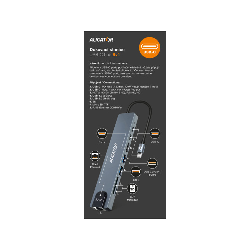 Aligator Dokovacia stanica USB-C/Hub 8v1 (USB-C/2xUSB/SD/MicroSD/HDTV/RJ45)