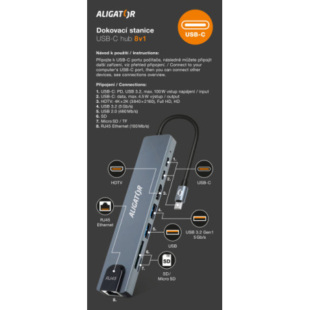 Aligator Dokovacia stanica USB-C/Hub 8v1 (USB-C/2xUSB/SD/MicroSD/HDTV/RJ45)