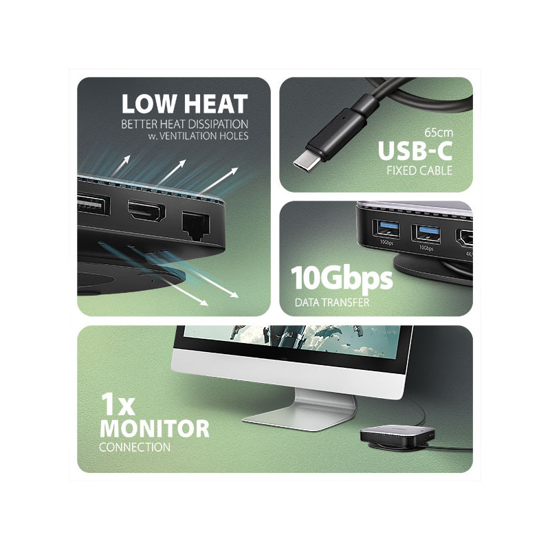 AXAGON HMC-UFO, USB 10Gbps hub, 2x USB-A, USB-C, HDMI 4k/60, RJ-45, M.2 slot, SD/mSD, audio, PD