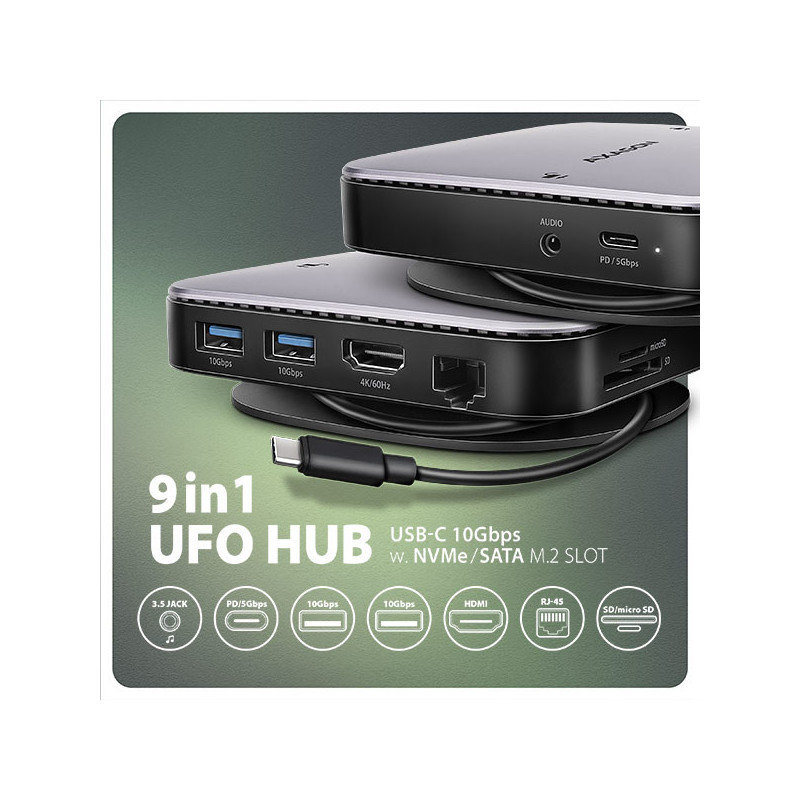 AXAGON HMC-UFO, USB 10Gbps hub, 2x USB-A, USB-C, HDMI 4k/60, RJ-45, M.2 slot, SD/mSD, audio, PD
