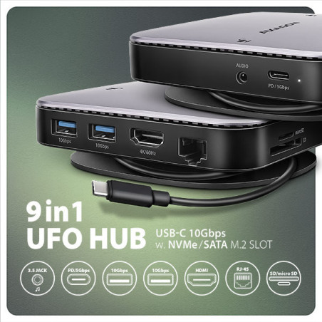 AXAGON HMC-UFO, USB 10Gbps hub, 2x USB-A, USB-C, HDMI 4k/60, RJ-45, M.2 slot, SD/mSD, audio, PD
