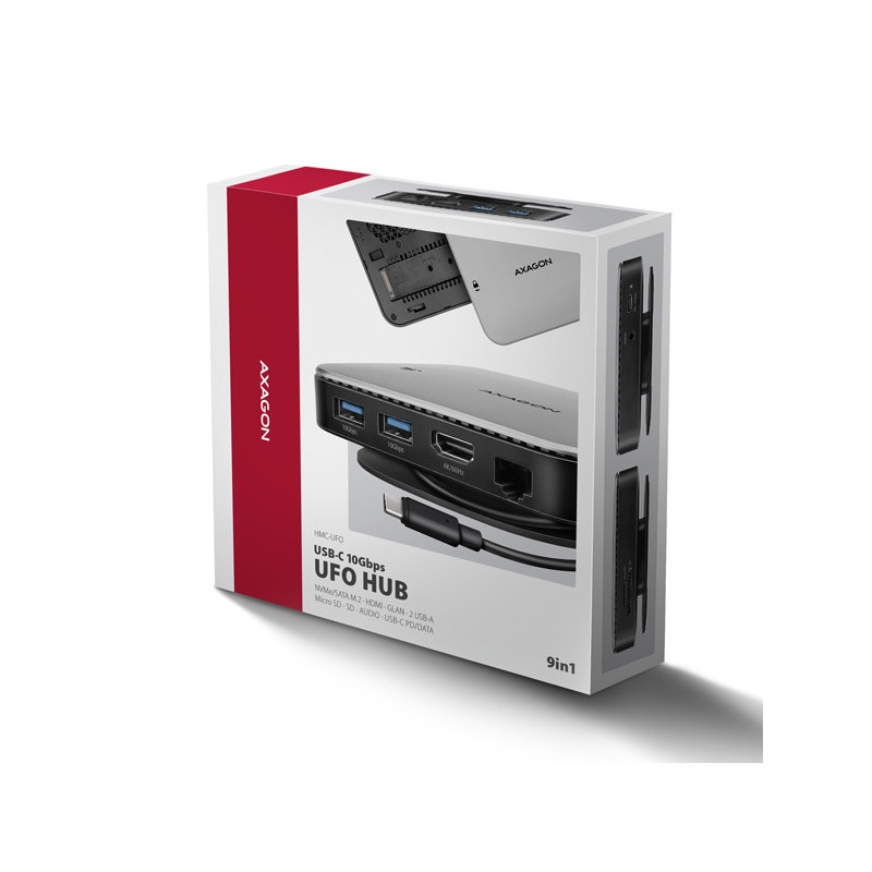 AXAGON HMC-UFO, USB 10Gbps hub, 2x USB-A, USB-C, HDMI 4k/60, RJ-45, M.2 slot, SD/mSD, audio, PD