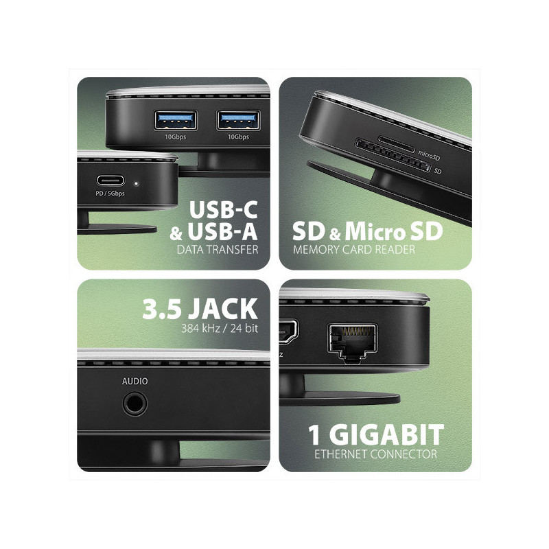 AXAGON HMC-UFO, USB 10Gbps hub, 2x USB-A, USB-C, HDMI 4k/60, RJ-45, M.2 slot, SD/mSD, audio, PD