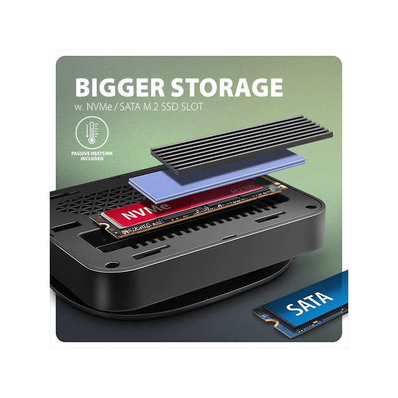 AXAGON HMC-UFO, USB 10Gbps hub, 2x USB-A, USB-C, HDMI 4k/60, RJ-45, M.2 slot, SD/mSD, audio, PD