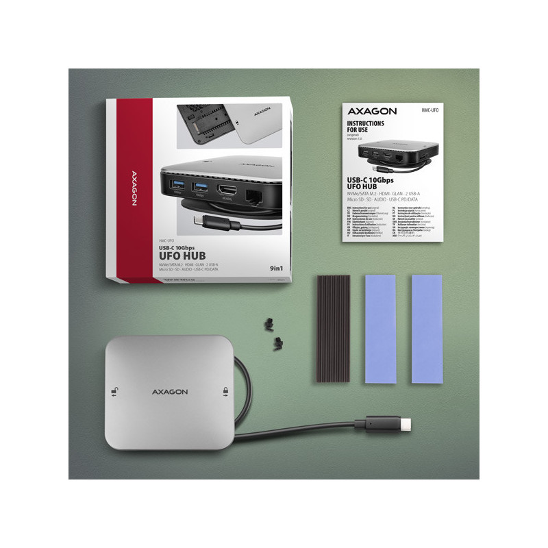 AXAGON HMC-UFO, USB 10Gbps hub, 2x USB-A, USB-C, HDMI 4k/60, RJ-45, M.2 slot, SD/mSD, audio, PD