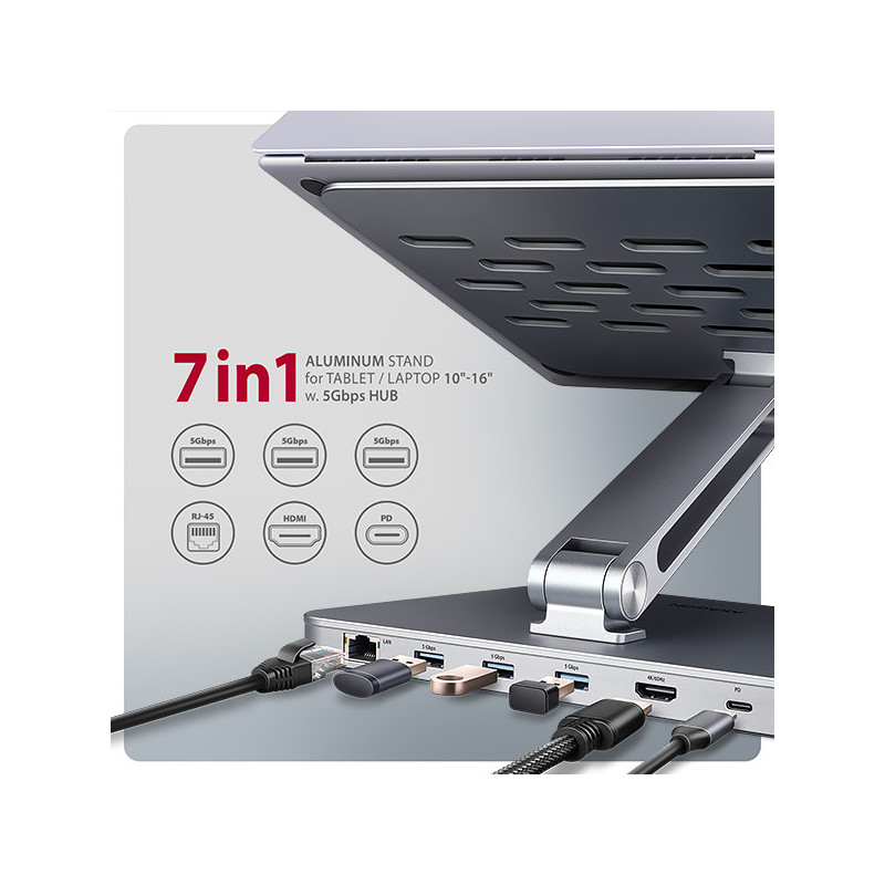AXAGON HMC-STND, stojan pre 10"-16" notebooky, USB 5Gbps hub, 3x USB-A, HDMI 4k/60Hz, RJ-45, PD 100W