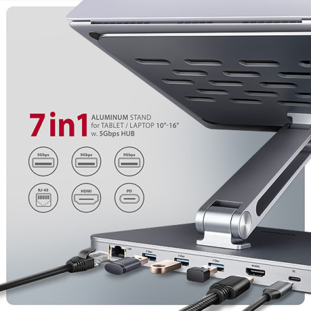 AXAGON HMC-STND, stojan pre 10"-16" notebooky, USB 5Gbps hub, 3x USB-A, HDMI 4k/60Hz, RJ-45, PD 100W