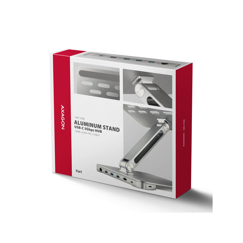 AXAGON HMC-STND, stojan pre 10"-16" notebooky, USB 5Gbps hub, 3x USB-A, HDMI 4k/60Hz, RJ-45, PD 100W