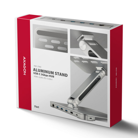 AXAGON HMC-STND, stojan pre 10"-16" notebooky, USB 5Gbps hub, 3x USB-A, HDMI 4k/60Hz, RJ-45, PD 100W