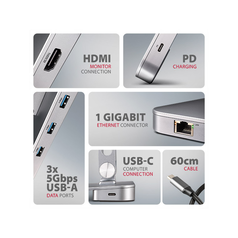 AXAGON HMC-STND, stojan pre 10"-16" notebooky, USB 5Gbps hub, 3x USB-A, HDMI 4k/60Hz, RJ-45, PD 100W