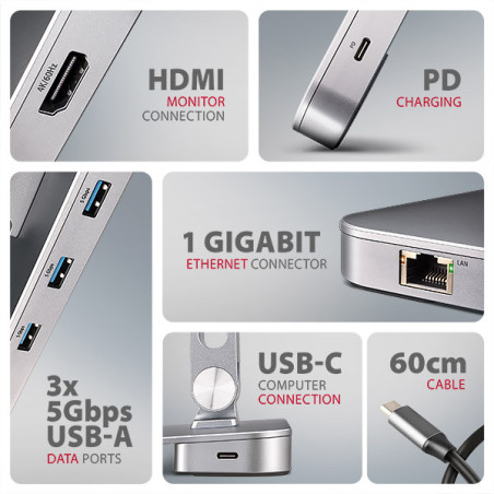AXAGON HMC-STND, stojan pre 10"-16" notebooky, USB 5Gbps hub, 3x USB-A, HDMI 4k/60Hz, RJ-45, PD 100W