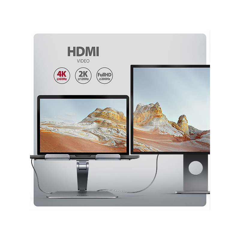 AXAGON HMC-STND, stojan pre 10"-16" notebooky, USB 5Gbps hub, 3x USB-A, HDMI 4k/60Hz, RJ-45, PD 100W