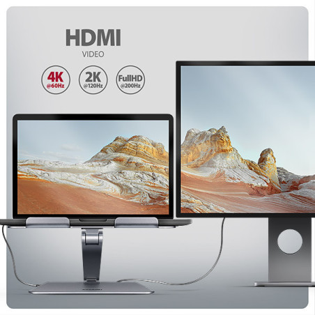 AXAGON HMC-STND, stojan pre 10"-16" notebooky, USB 5Gbps hub, 3x USB-A, HDMI 4k/60Hz, RJ-45, PD 100W