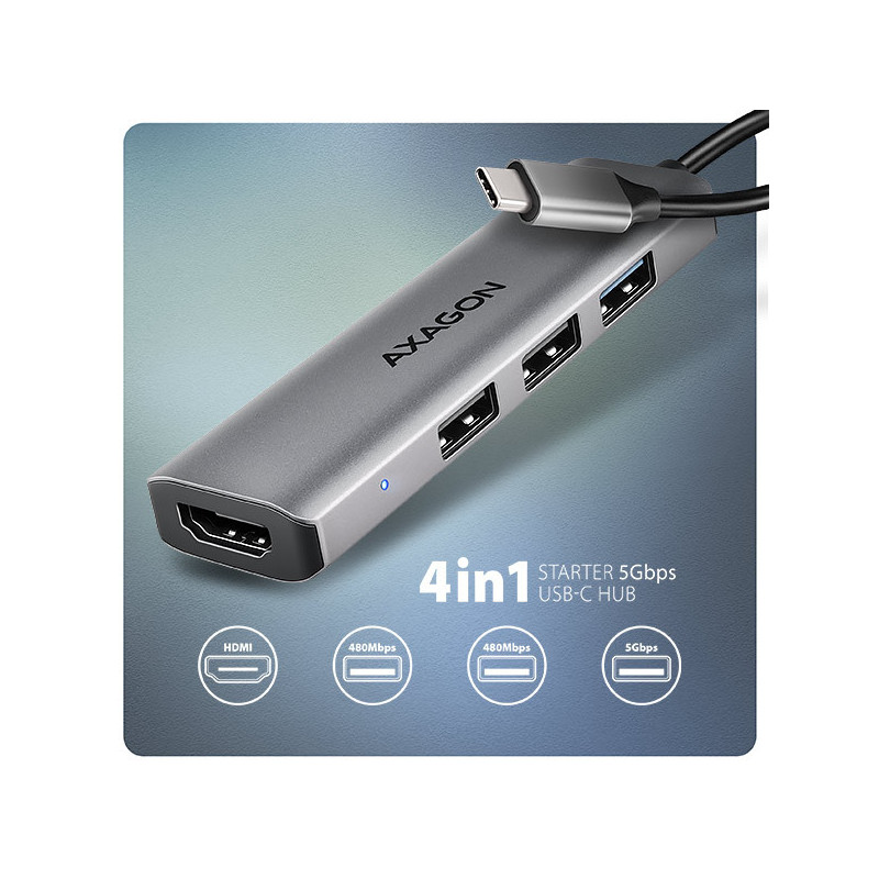AXAGON HMC-H3A, USB 5Gbps hub, 3x USB-A, HDMI 4k/30Hz, kábel USB-C 15cm