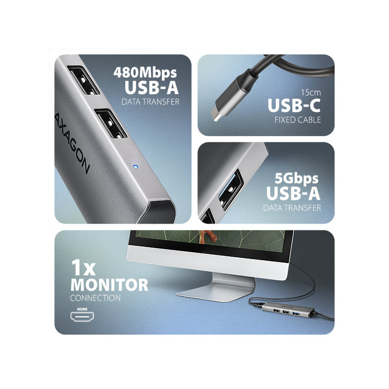AXAGON HMC-H3A, USB 5Gbps hub, 3x USB-A, HDMI 4k/30Hz, kábel USB-C 15cm