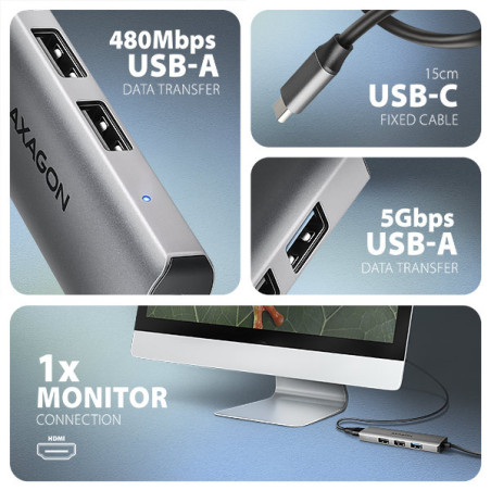 AXAGON HMC-H3A, USB 5Gbps hub, 3x USB-A, HDMI 4k/30Hz, kábel USB-C 15cm