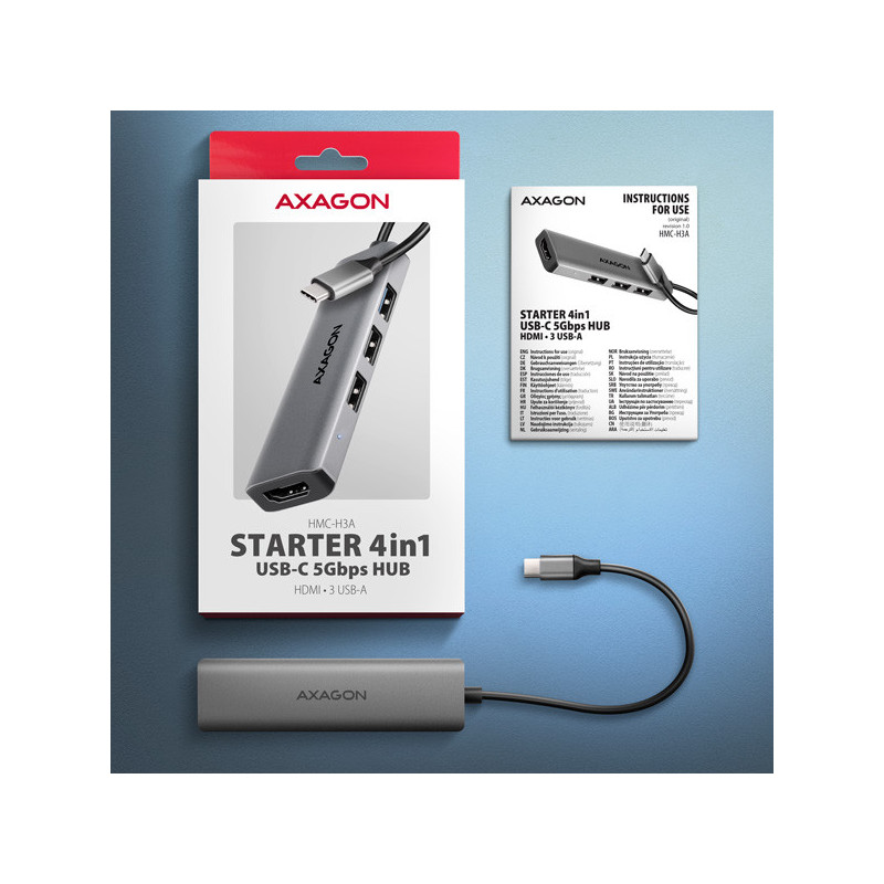 AXAGON HMC-H3A, USB 5Gbps hub, 3x USB-A, HDMI 4k/30Hz, kábel USB-C 15cm