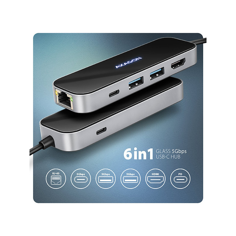 AXAGON HMC-6GLN, USB 5Gbps hub, 2x USB-A, USB-C, HDMI 4k/60Hz, RJ-45 GLAN, PD 100W, kábel USB-C 20cm