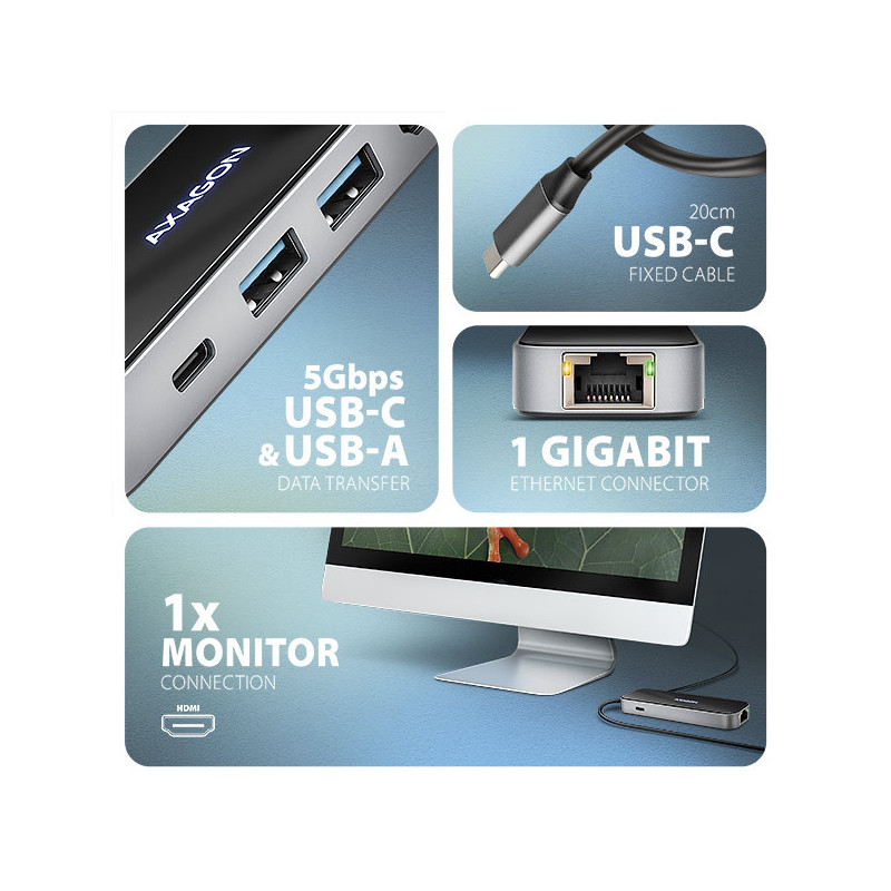 AXAGON HMC-6GLN, USB 5Gbps hub, 2x USB-A, USB-C, HDMI 4k/60Hz, RJ-45 GLAN, PD 100W, kábel USB-C 20cm