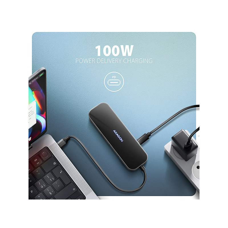 AXAGON HMC-6GLN, USB 5Gbps hub, 2x USB-A, USB-C, HDMI 4k/60Hz, RJ-45 GLAN, PD 100W, kábel USB-C 20cm