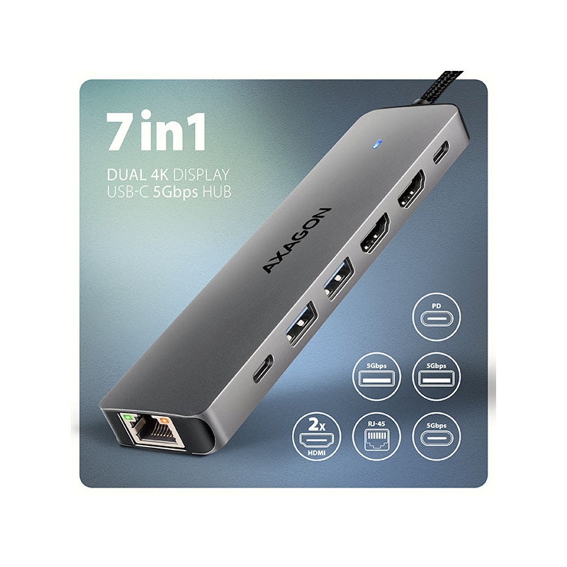 AXAGON HMC-7HX2, USB 5Gbps hub, 2x USB-A, USB-C, 2x HDMI 4k/60Hz, RJ-45 GLAN, PD 100W, kábel 15cm