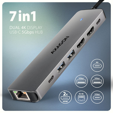 AXAGON HMC-7HX2, USB 5Gbps hub, 2x USB-A, USB-C, 2x HDMI 4k/60Hz, RJ-45 GLAN, PD 100W, kábel 15cm