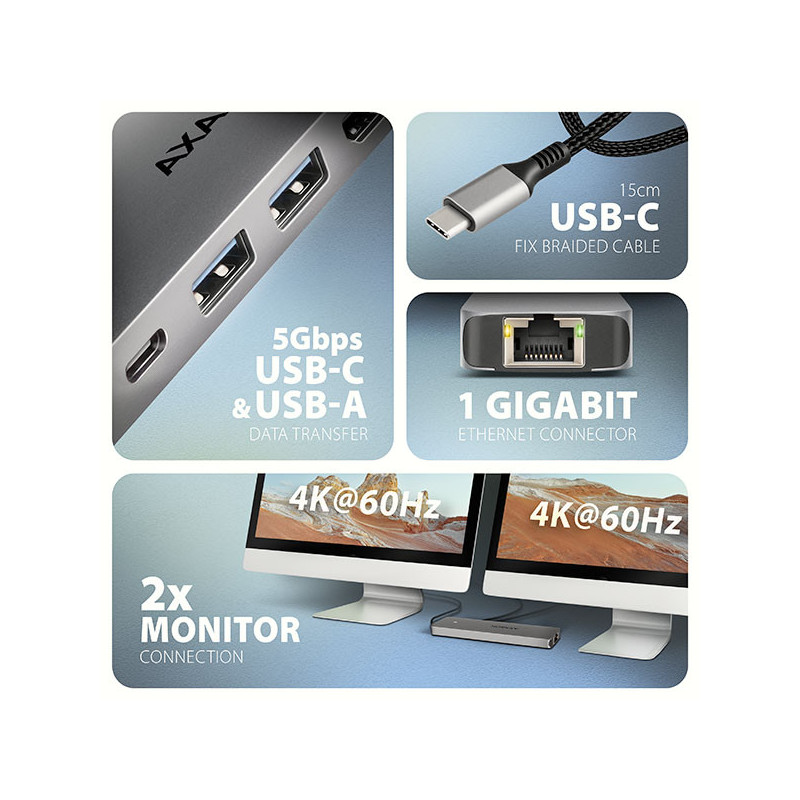 AXAGON HMC-7HX2, USB 5Gbps hub, 2x USB-A, USB-C, 2x HDMI 4k/60Hz, RJ-45 GLAN, PD 100W, kábel 15cm