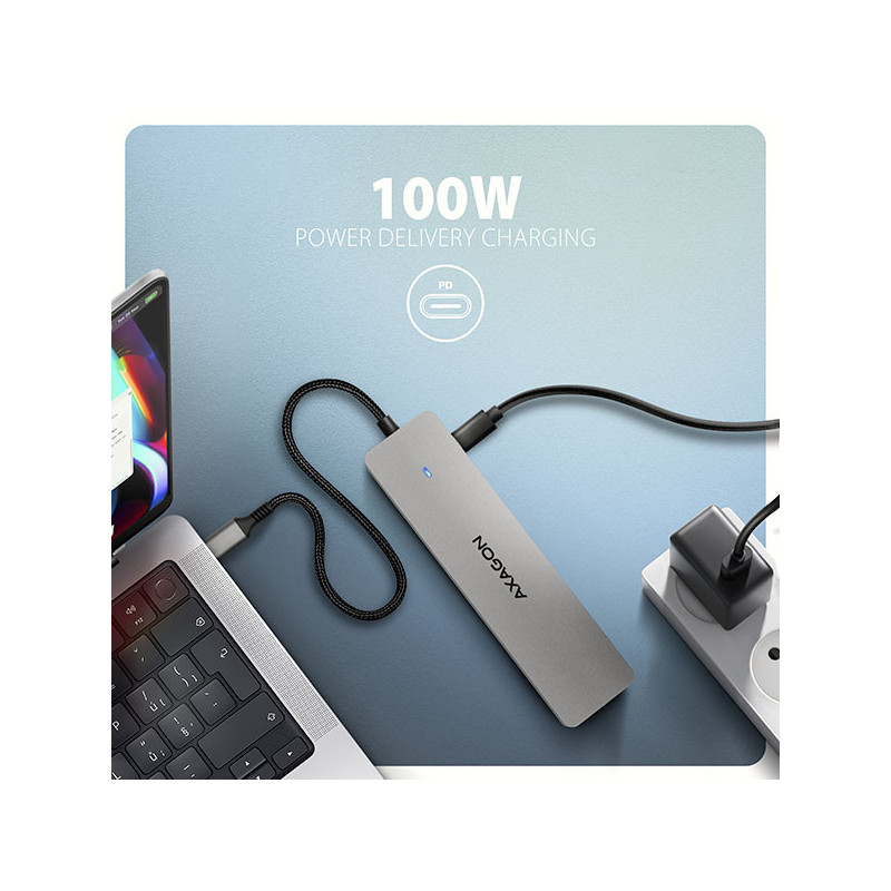 AXAGON HMC-7HX2, USB 5Gbps hub, 2x USB-A, USB-C, 2x HDMI 4k/60Hz, RJ-45 GLAN, PD 100W, kábel 15cm