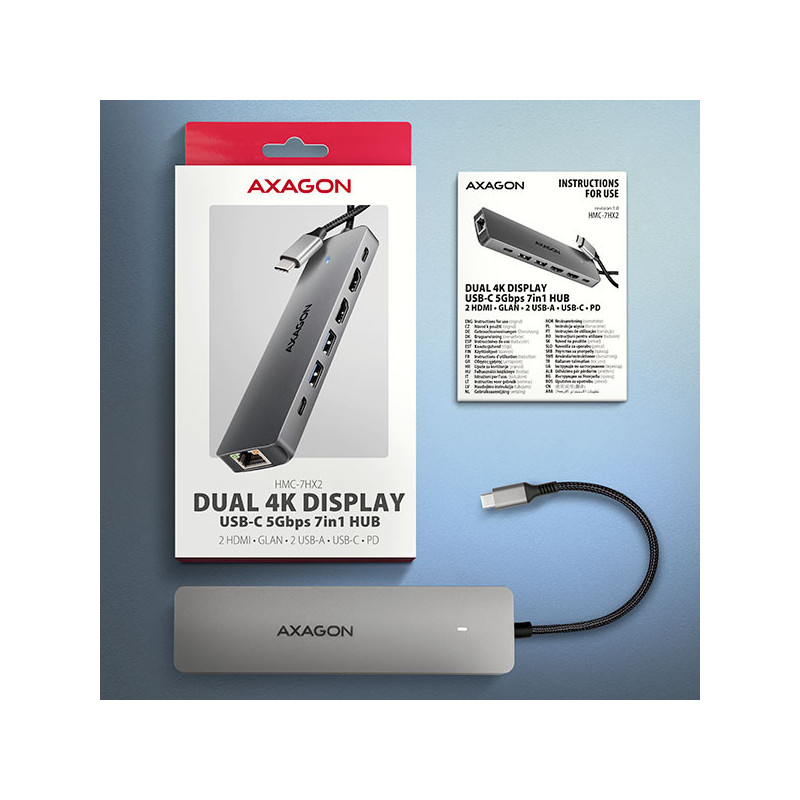 AXAGON HMC-7HX2, USB 5Gbps hub, 2x USB-A, USB-C, 2x HDMI 4k/60Hz, RJ-45 GLAN, PD 100W, kábel 15cm