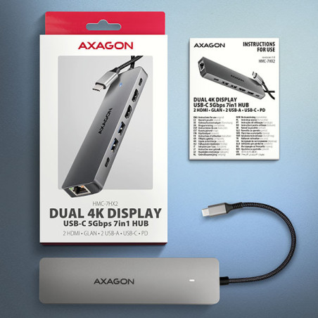 AXAGON HMC-7HX2, USB 5Gbps hub, 2x USB-A, USB-C, 2x HDMI 4k/60Hz, RJ-45 GLAN, PD 100W, kábel 15cm