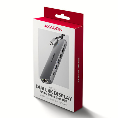 AXAGON HMC-7HX2, USB 5Gbps hub, 2x USB-A, USB-C, 2x HDMI 4k/60Hz, RJ-45 GLAN, PD 100W, kábel 15cm