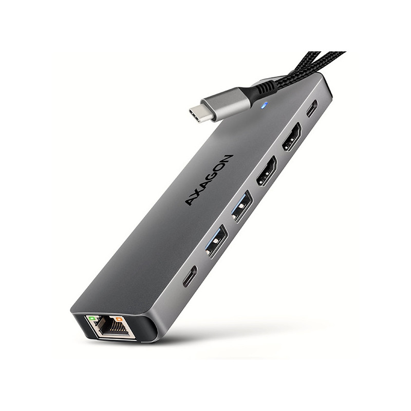 AXAGON HMC-7HX2, USB 5Gbps hub, 2x USB-A, USB-C, 2x HDMI 4k/60Hz, RJ-45 GLAN, PD 100W, kábel 15cm