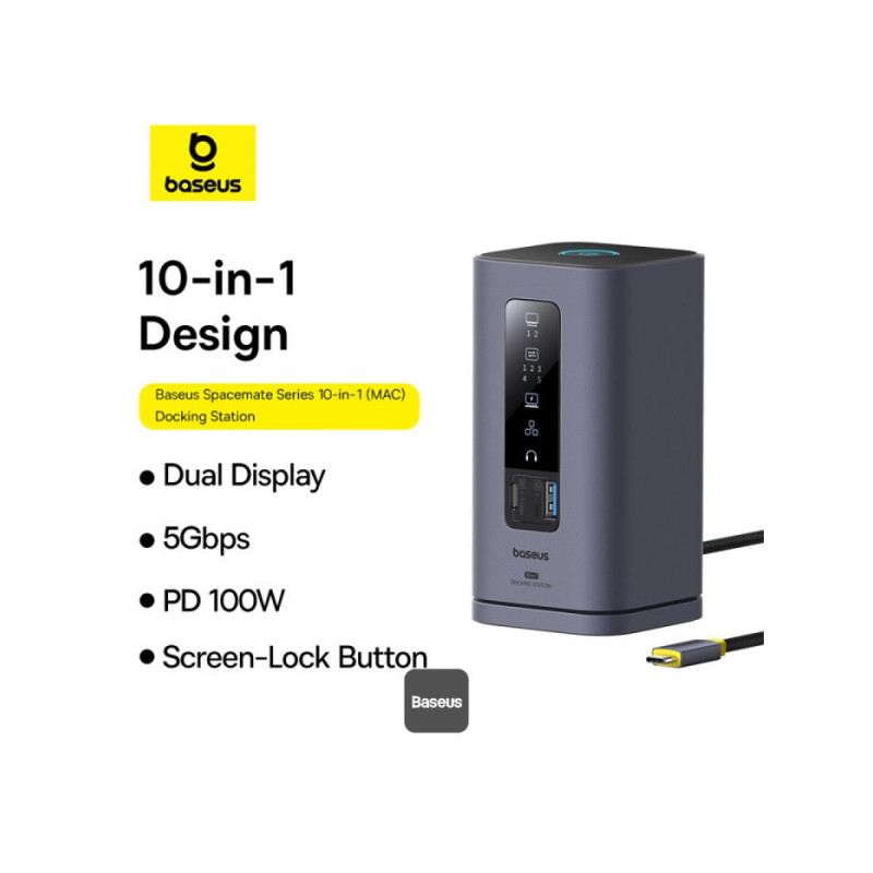 Baseus Dokovacia stanica Spacemate 10v1 (USB-C PD 100W, USB-C, 2x USB-A, 2x HDMI) sivá
