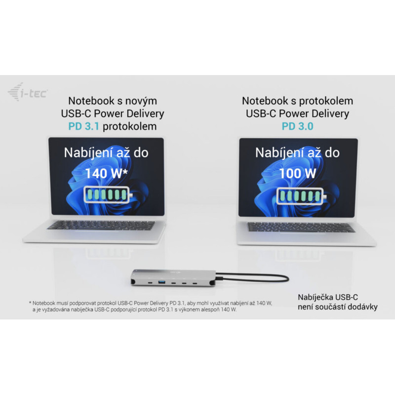 i-tec USB-C Metal Nano 3x Display Dock, 2x HDMI 1x USB-C video, PD 140W + Universal Charger 140W