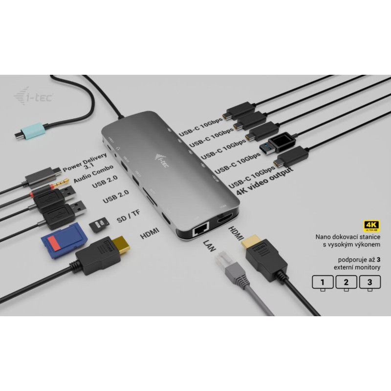 i-tec USB-C Metal Nano 3x Display Dock, 2x HDMI 1x USB-C video, Power Delivery 140W