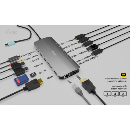 i-tec USB-C Metal Nano 3x Display Dock, 2x HDMI 1x USB-C video, Power Delivery 140W