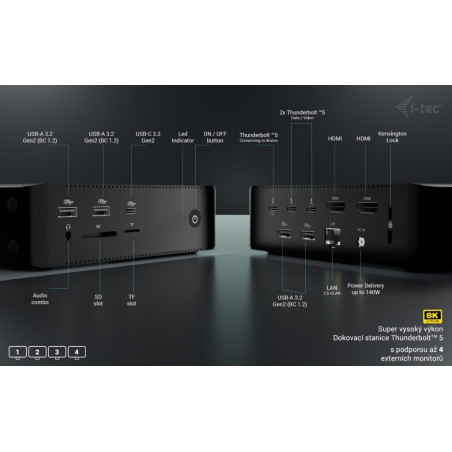 i-tec Thunderbolt5 Quattro Display Docking Station, 5x USB, 2.5 GLAN, Power Delivery 140W