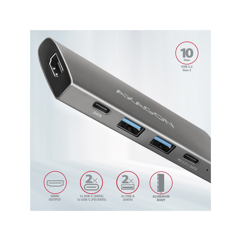 AXAGON HMC-5G21, USB 10Gb/s hub, porty 2x USB-A, 2x USB-C, HDMI 4k/30, PD 60W, kábel USB-C 13cm