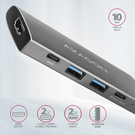 AXAGON HMC-5G21, USB 10Gb/s hub, porty 2x USB-A, 2x USB-C, HDMI 4k/30, PD 60W, kábel USB-C 13cm