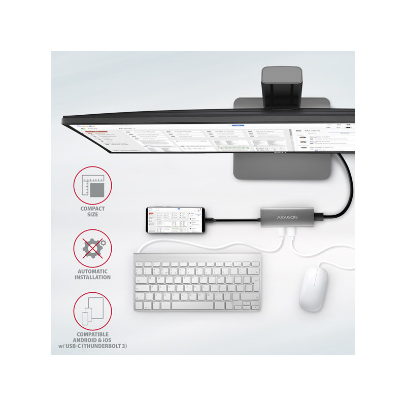 AXAGON HMC-5G21, USB 10Gb/s hub, porty 2x USB-A, 2x USB-C, HDMI 4k/30, PD 60W, kábel USB-C 13cm