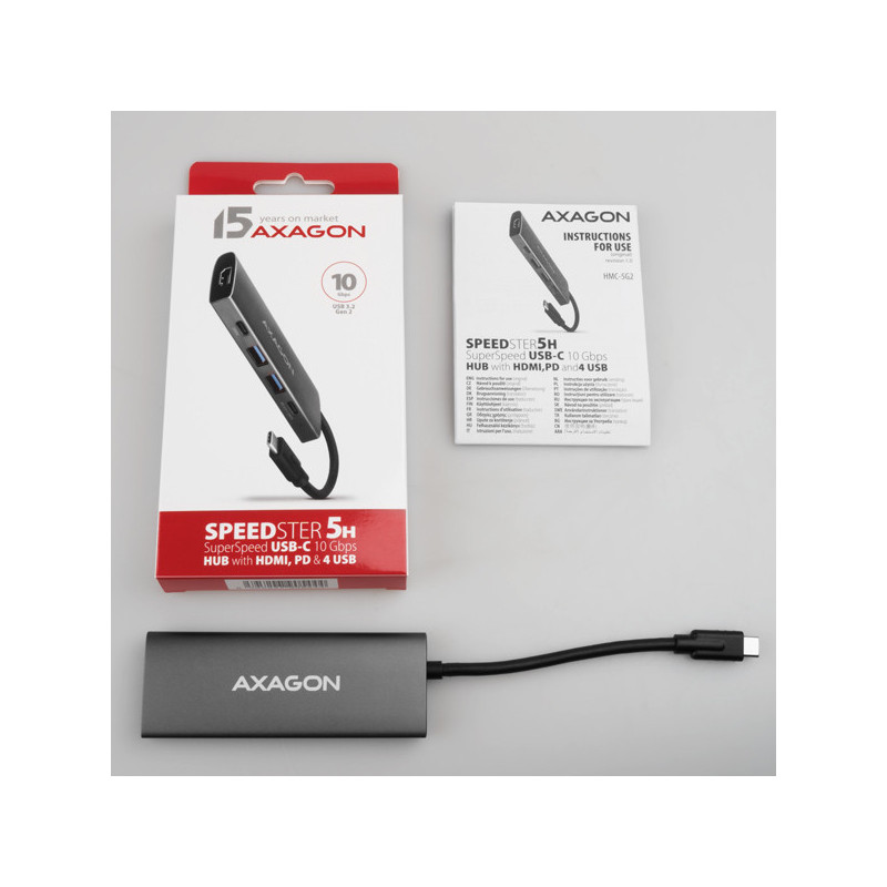 AXAGON HMC-5G21, USB 10Gb/s hub, porty 2x USB-A, 2x USB-C, HDMI 4k/30, PD 60W, kábel USB-C 13cm