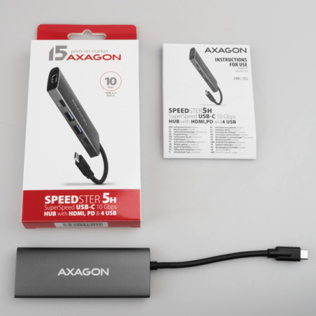 AXAGON HMC-5G21, USB 10Gb/s hub, porty 2x USB-A, 2x USB-C, HDMI 4k/30, PD 60W, kábel USB-C 13cm