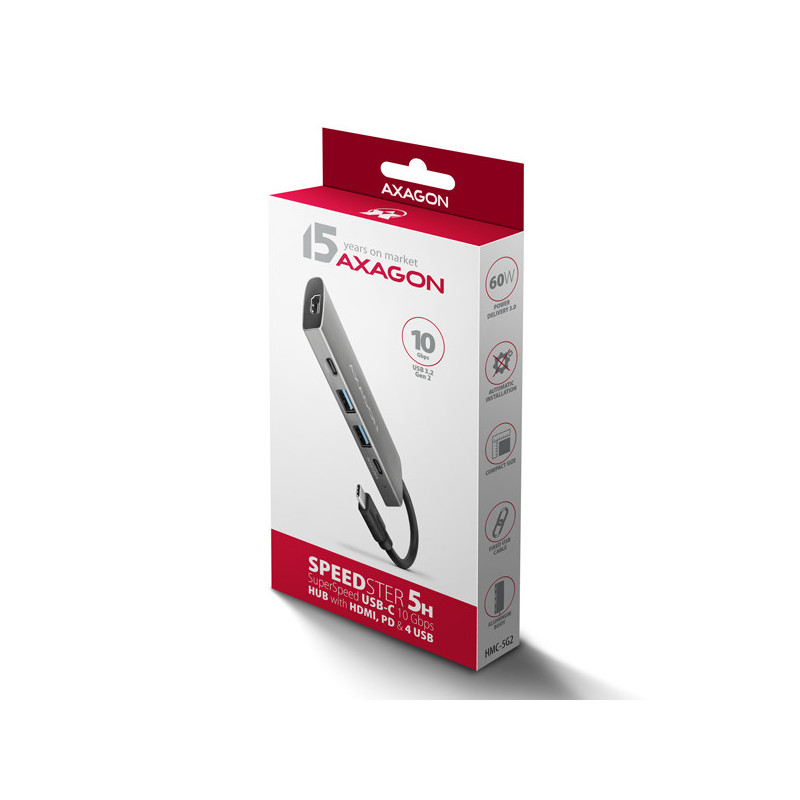 AXAGON HMC-5G21, USB 10Gb/s hub, porty 2x USB-A, 2x USB-C, HDMI 4k/30, PD 60W, kábel USB-C 13cm